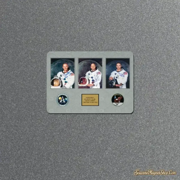 NASA Apollo 11 vintage fridge magnet with Armstrong, Aldrin and Collins portraits, mission patches and crew plaque