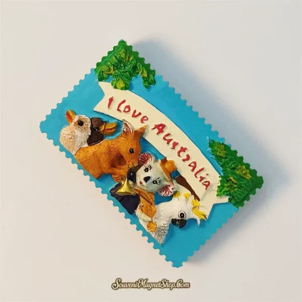 Australia souvenir magnet of koala kangaroo and cockatoo on I Love Australia stamp shown at an angle