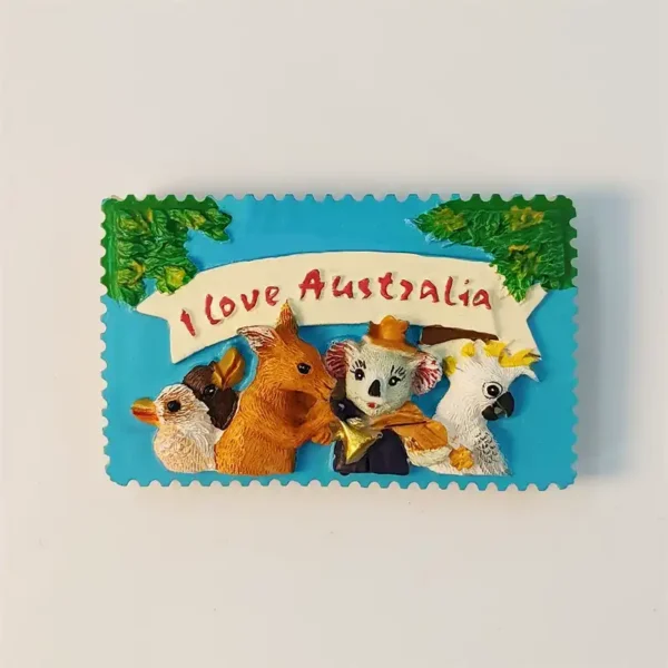 Australia stamp-shaped fridge magnet with 3D koala, kangaroo, kookaburra and cockatoo, front view