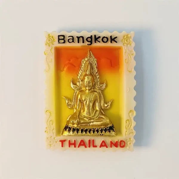 Bangkok Thailand fridge magnet shaped like a stamp with golden seated Buddha, front view