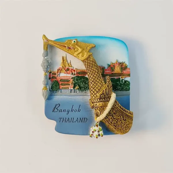 Bangkok Thailand fridge magnet with golden Suphannahong royal barge and Grand Palace temple front view