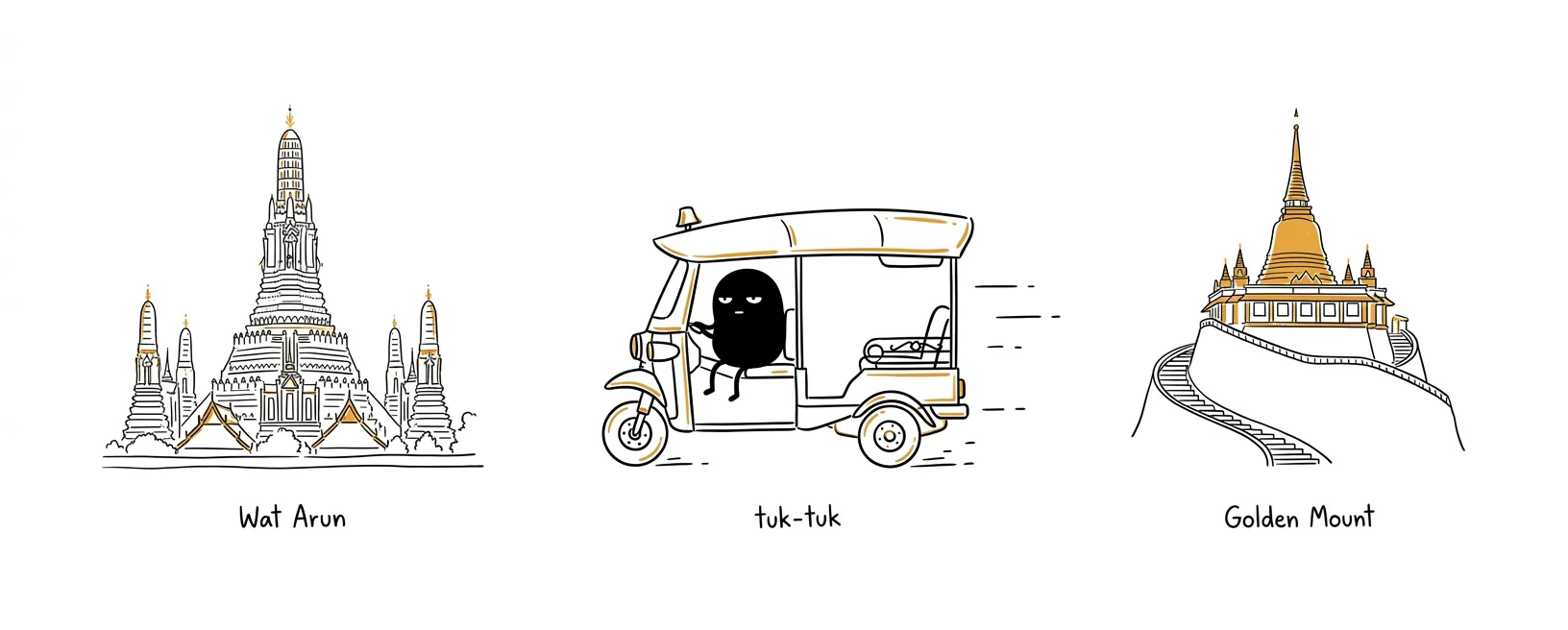 Hand-drawn illustration of Bangkok temples and a tuk-tuk — Wat Arun, a classic Bangkok tuk-tuk, and the Golden Mount Wat Saket