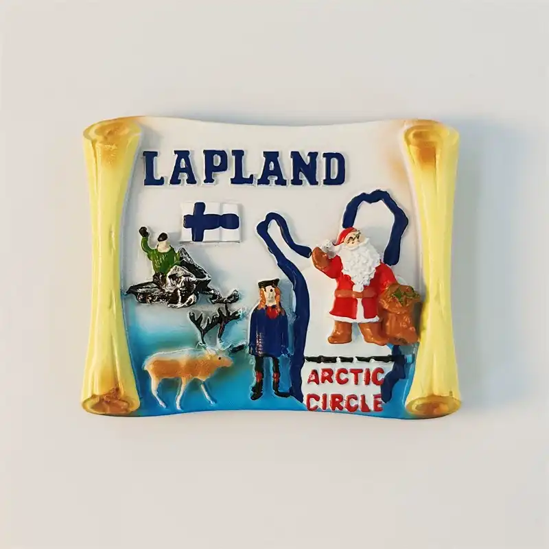 finland-lapland-arctic-circle-fridge-magnet-front Front view of Finland Lapland fridge magnet with Santa Claus, reindeer, Sami figure, Finnish flag and LAPLAND scroll