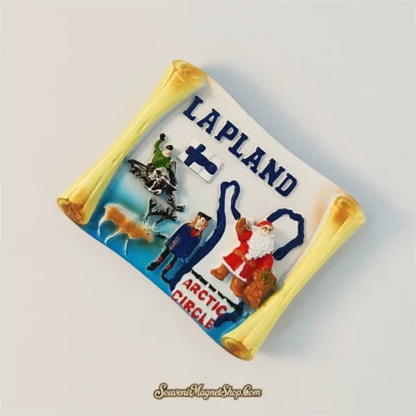 Angled Finland Lapland souvenir magnet showing Santa Claus, reindeer, Sami local and Arctic Circle scroll design