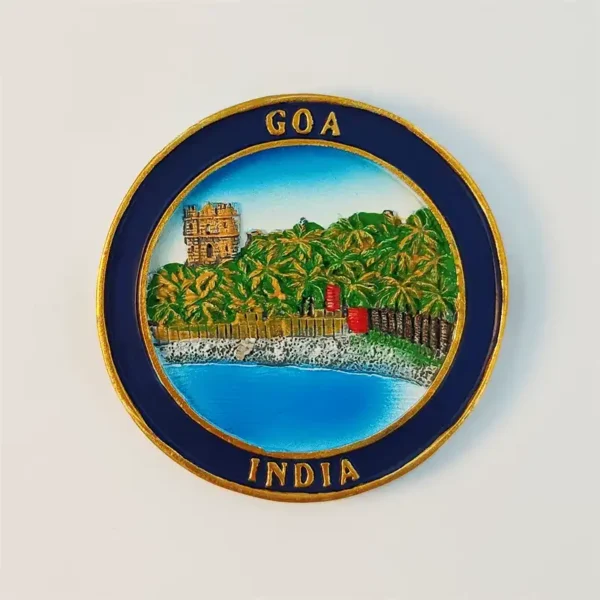 Round Goa India fridge magnet with hand-painted beach, palm trees and hilltop fort in gold and navy frame
