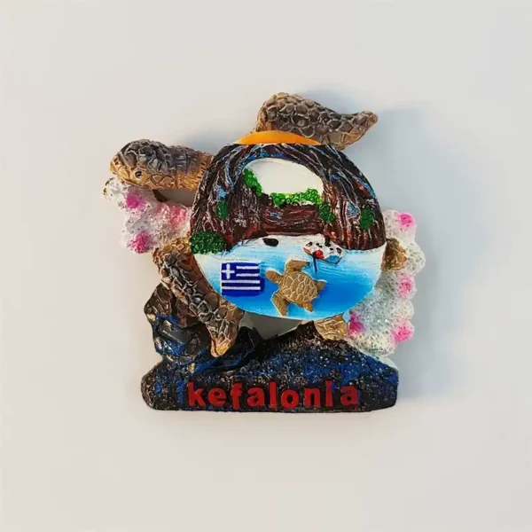 Front view of Greece Kefalonia sea turtle fridge magnet with island beach scene and Greek flag