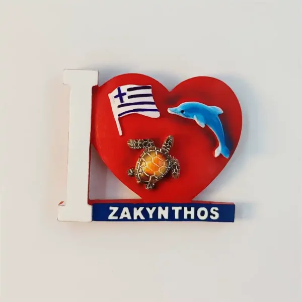 Front view of 3D I Love Zakynthos fridge magnet with sea turtle, dolphin and Greek flag