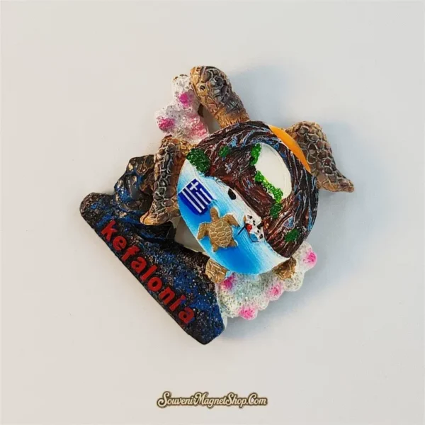 Angled view of Kefalonia sea turtle souvenir magnet showing textured shell and coral details