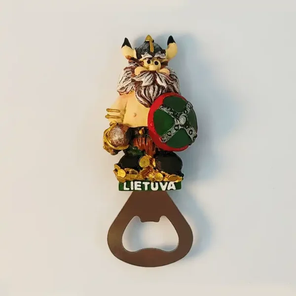 Front view of Lithuania Viking bottle opener fridge magnet with horned helmet, shield and LIETUVA banner
