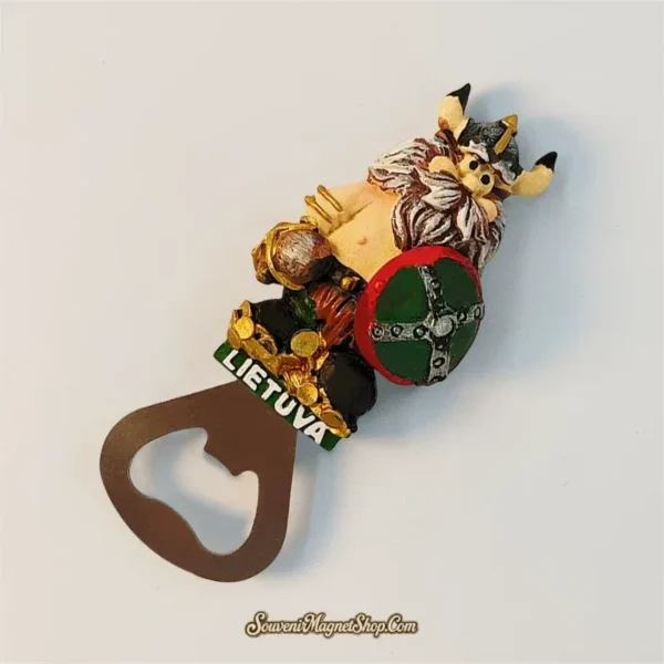 Angled view of hand-painted Lithuania Viking fridge magnet showing the metal bottle opener detail