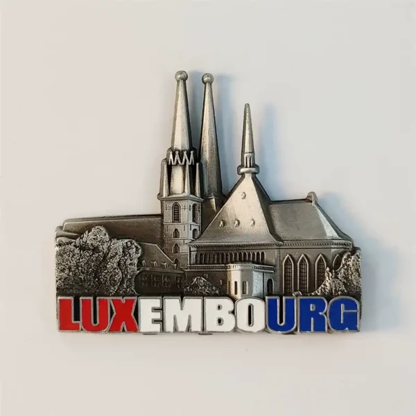 Front view of a Luxembourg Notre-Dame Cathedral fridge magnet with red, white and blue LUXEMBOURG lettering