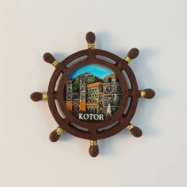 Front view of Montenegro Kotor ship's wheel fridge magnet with hand-painted old town scene