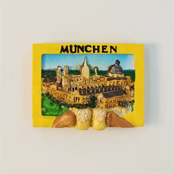 Front view of Munich fridge magnet with Marienplatz cityscape and two Bavarian beer mugs