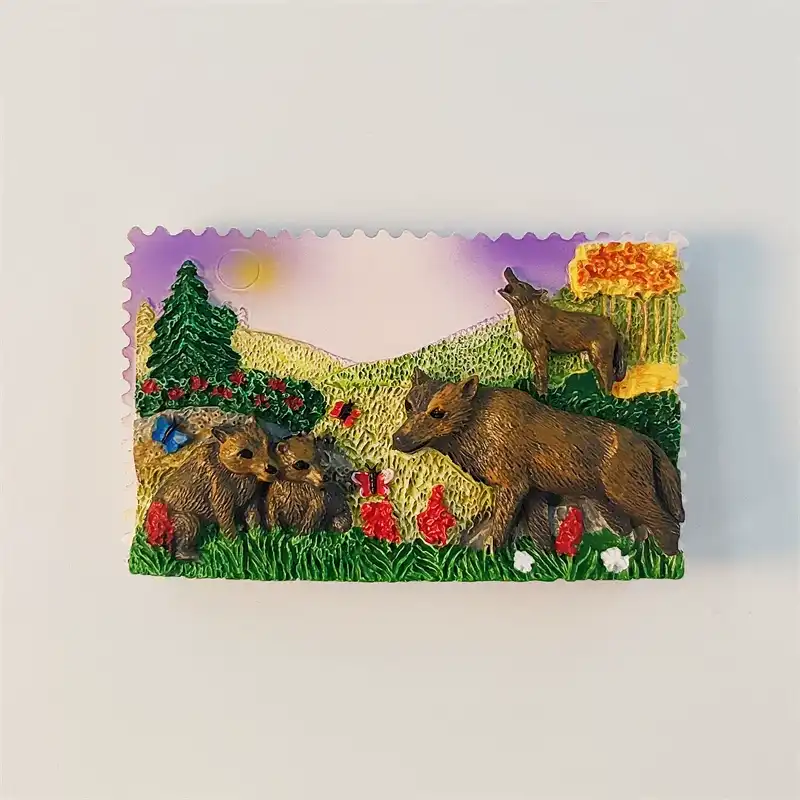 norway-wolf-family-forest-fridge-magnet-front Front view of Norway wolf family forest fridge magnet with cubs, pine trees and mountains