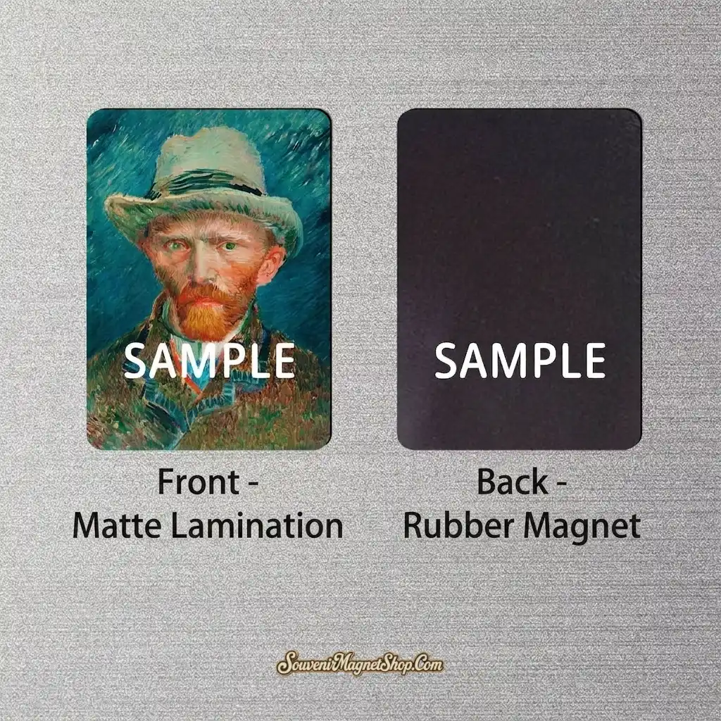 Paper souvenir fridge magnet material sample – matte-laminated paper front, flexible magnet back