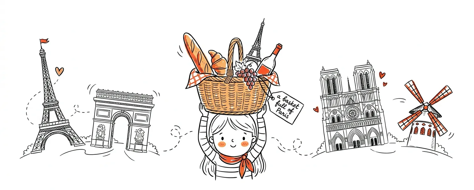 Hand-drawn ink illustration of a wicker basket full of Paris — Eiffel Tower, Arc de Triomphe, Notre-Dame and the Moulin Rouge windmill, with a baguette, croissant, grapes and wine — SiaWanders souvenir fridge magnets cover