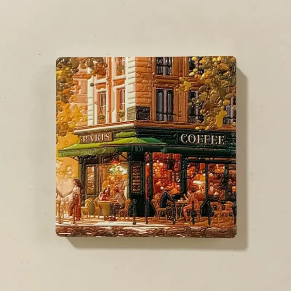 Ceramic Paris street corner cafe fridge magnet front view with hand-painted relief design