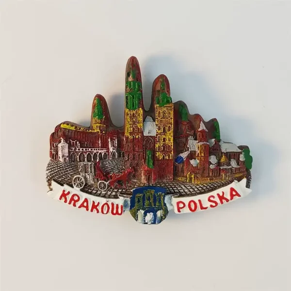 Krakow Poland fridge magnet with 3D old town skyline, St. Mary's Basilica towers and Cloth Hall