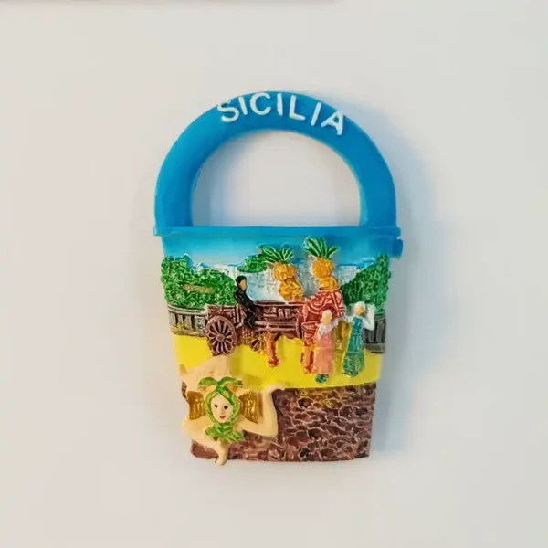 Front view of 3D Sicily fridge magnet with hand-painted Sicilian cart folk scene and SICILIA handle