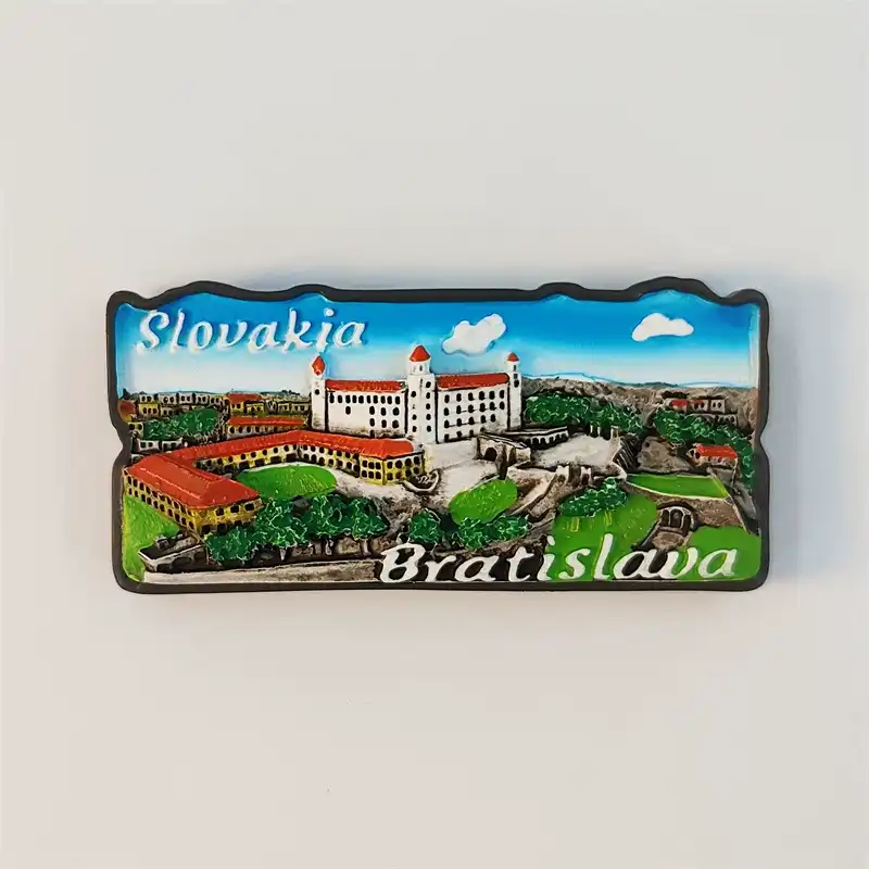 slovakia-bratislava-castle-fridge-magnet-front Front view of 3D Bratislava Castle fridge magnet with hand-painted Slovakia cityscape relief