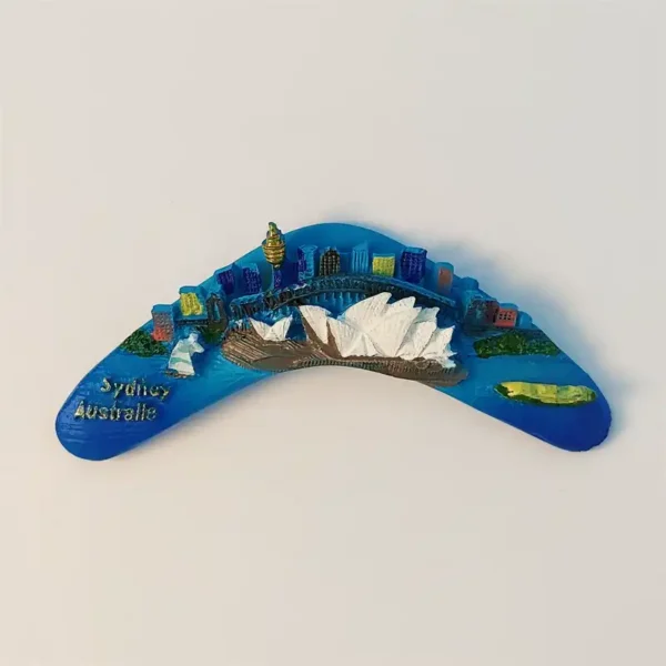 Sydney boomerang fridge magnet front view with 3D Opera House and Harbour Bridge skyline