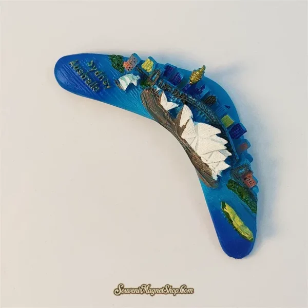 Sydney souvenir magnet shaped like a boomerang showing 3D Opera House skyline at an angle