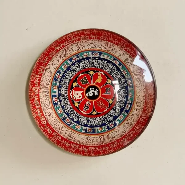 Tibet Lhasa glass dome fridge magnet with Om Mani Padme Hum mantra and lotus mandala, front view