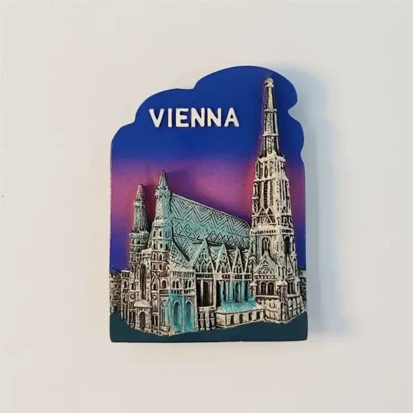 Front view of Vienna St. Stephen's Cathedral fridge magnet with VIENNA text and colorful 3D design