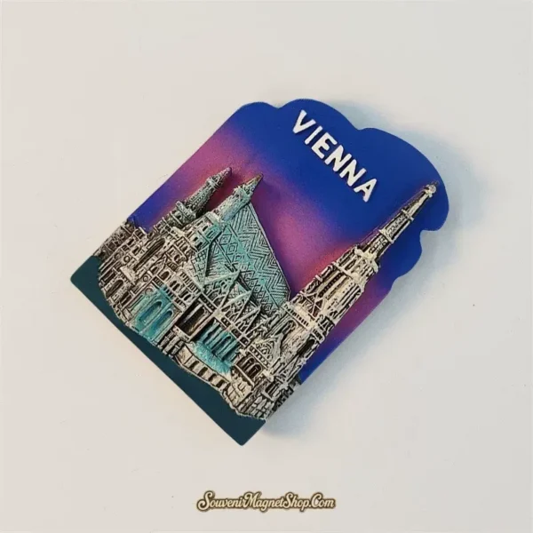 Angled view of Vienna St. Stephen's Cathedral souvenir magnet showing hand-painted spire and tiled roof