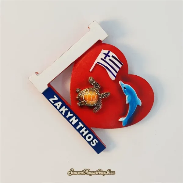 Angled view of I Love Zakynthos souvenir fridge magnet showing raised 3D relief detail