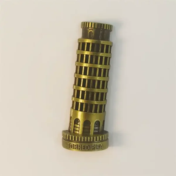 Front view of an antique bronze Leaning Tower of Pisa fridge magnet marked Torre di Pisa