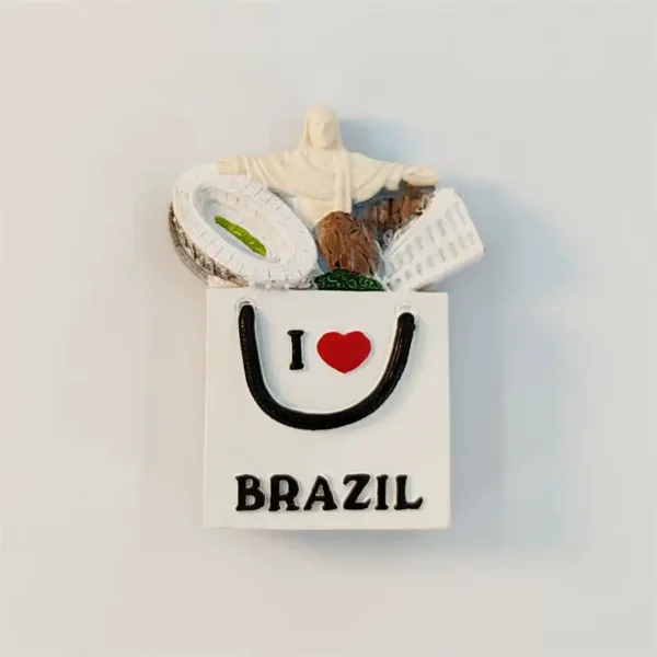 Front view of the I Love Brazil shopping bag fridge magnet with Christ the Redeemer and Maracana Stadium