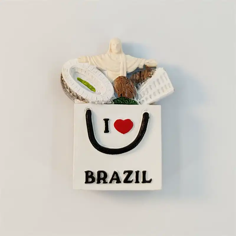 Front view of the I Love Brazil shopping bag fridge magnet with Christ the Redeemer and Maracana Stadium