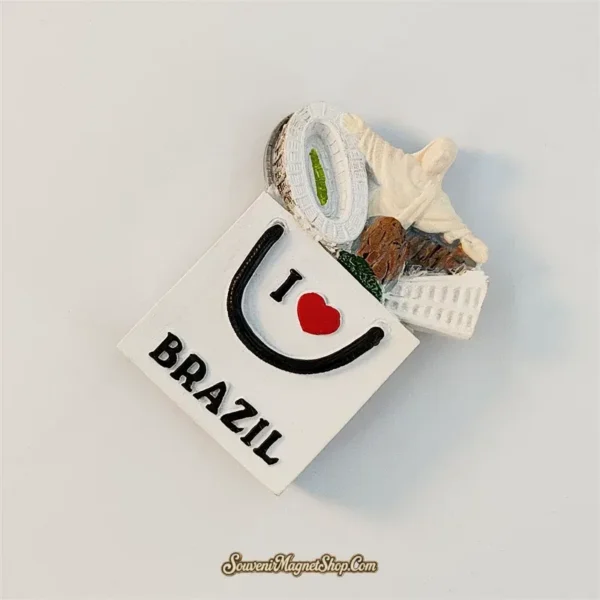 Side angle of the Brazil souvenir magnet showing the 3D shopping bag filled with Rio landmarks