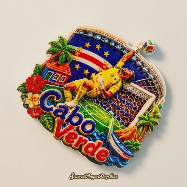 Angled view of the Cabo Verde World Cup souvenir magnet showing raised goalkeeper, palms and fishing boat
