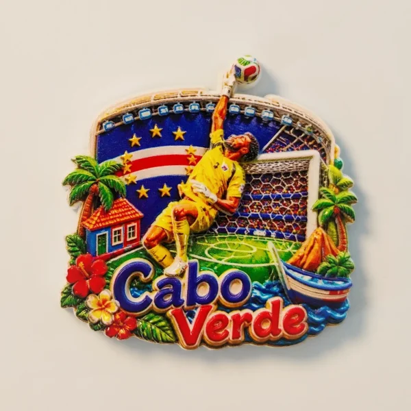 Front view of 3D Cape Verde fridge magnet with a yellow goalkeeper diving to save a ball by the flag
