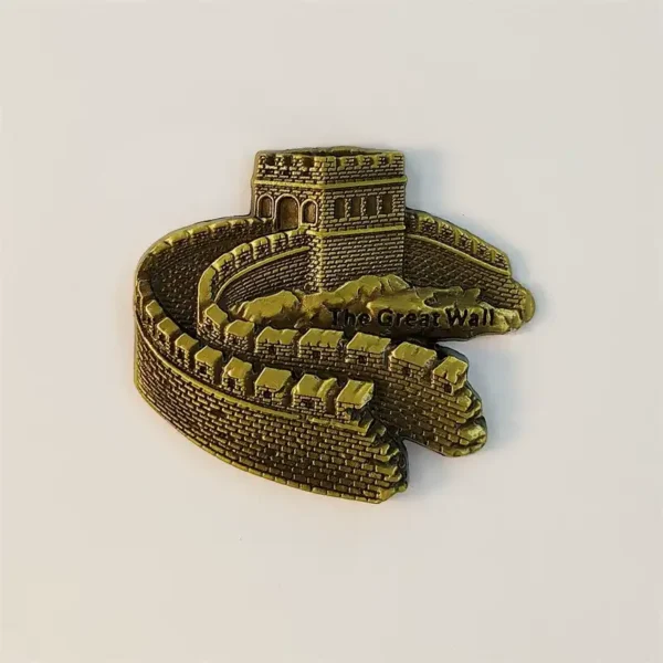 Front view of antique bronze Great Wall of China fridge magnet with watchtower and The Great Wall lettering