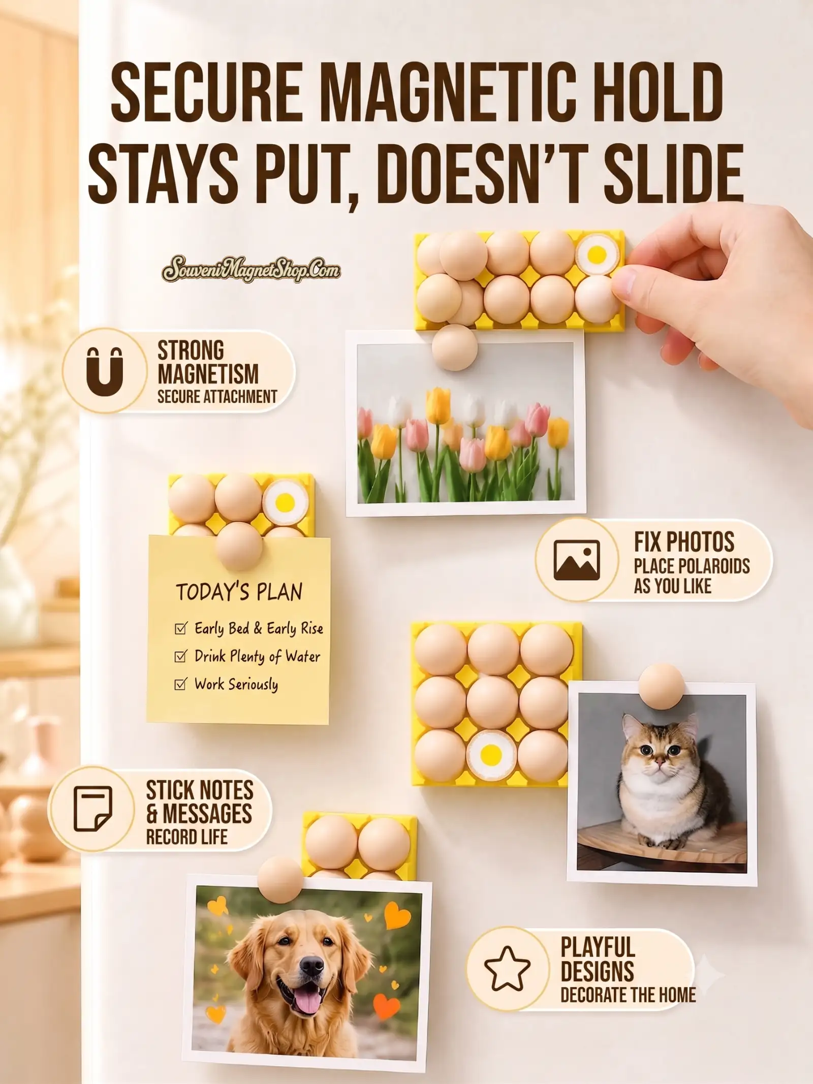 Yellow egg tray magnets holding polaroid photos and a note on a fridge