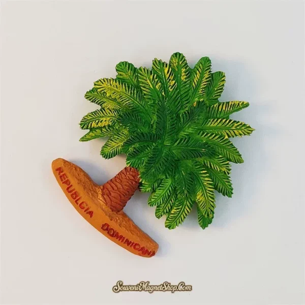 Angled view of the Punta Cana palm tree souvenir magnet showing its sculpted 3D fronds and textured trunk