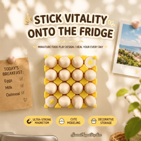 Top view of yellow egg tray magnet with two sunny-side-up eggs beside a breakfast note
