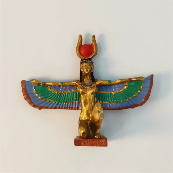 Front view of Egyptian Isis figurine with full wingspan, sun disc and cow horn crown, hand-painted gold body