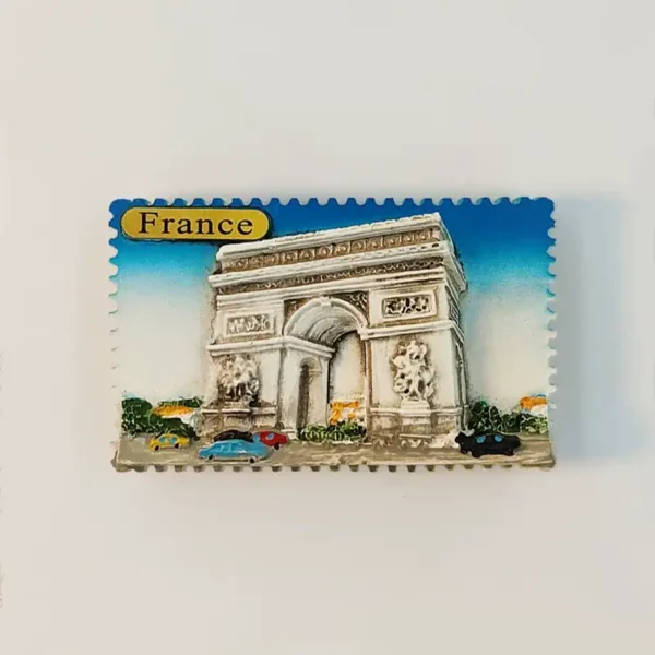 Front view of a postage-stamp-shaped Arc de Triomphe fridge magnet with France label and painted Paris traffic