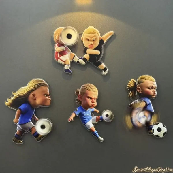 Group of funny Haaland fridge magnets, including two figures clashing mid-kick and three strikers with spinning balls