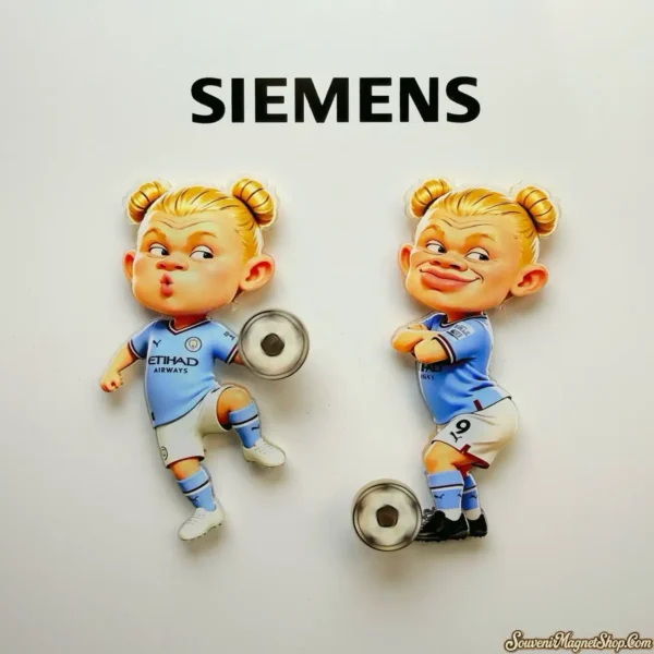 Two double-bun Haaland magnets with the clear spinning-ball disc, one pouting and one leaning with arms crossed