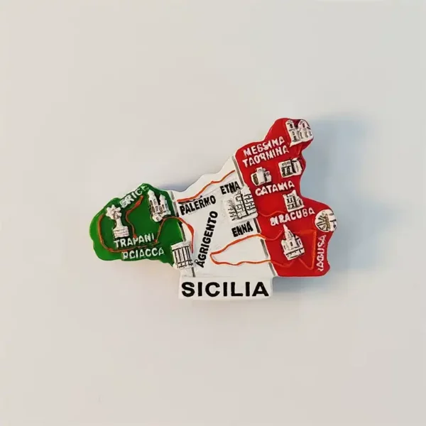 Front view of a Sicily map fridge magnet in Italian flag green, white and red with embossed city landmarks and SICILIA lettering