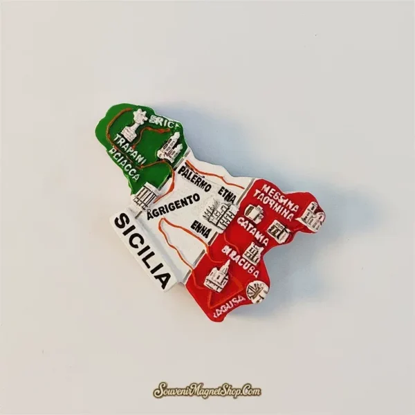 Angled view of the Sicilia map souvenir magnet showing raised landmarks around Palermo, Catania and Taormina