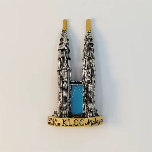 3D Petronas Twin Towers fridge magnet with golden spires and KLCC Kuala Lumpur base