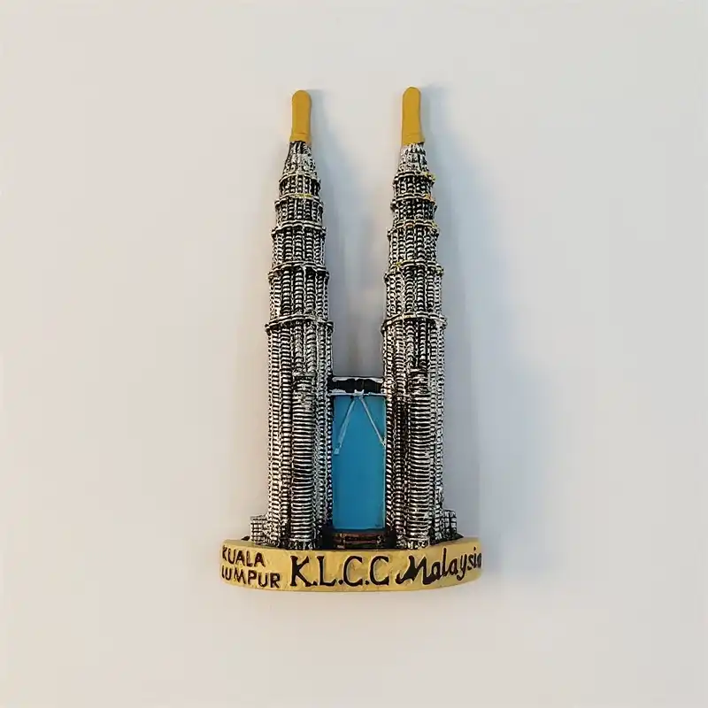 3D Petronas Twin Towers fridge magnet with golden spires and KLCC Kuala Lumpur base