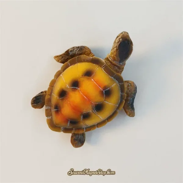 Angled view of the hand-painted sea turtle souvenir magnet showing the raised carapace and flippers
