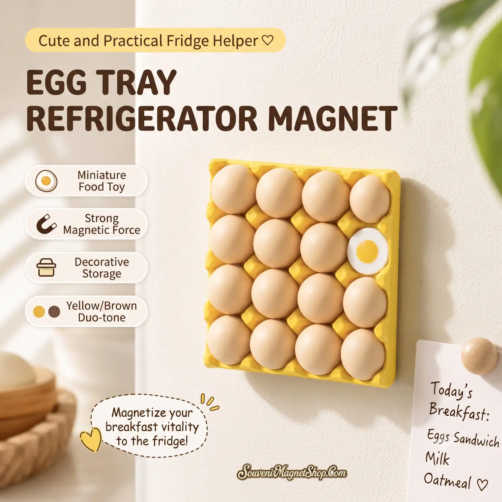 Yellow mini egg tray fridge magnet holding 16 eggs with one sunny-side-up on a kitchen wall